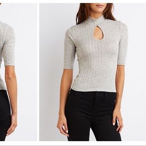 Ribbed Mock Neck Keyhole Top